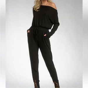 Elan Black Off The Shoulder Long Sleeve Jumpsuit